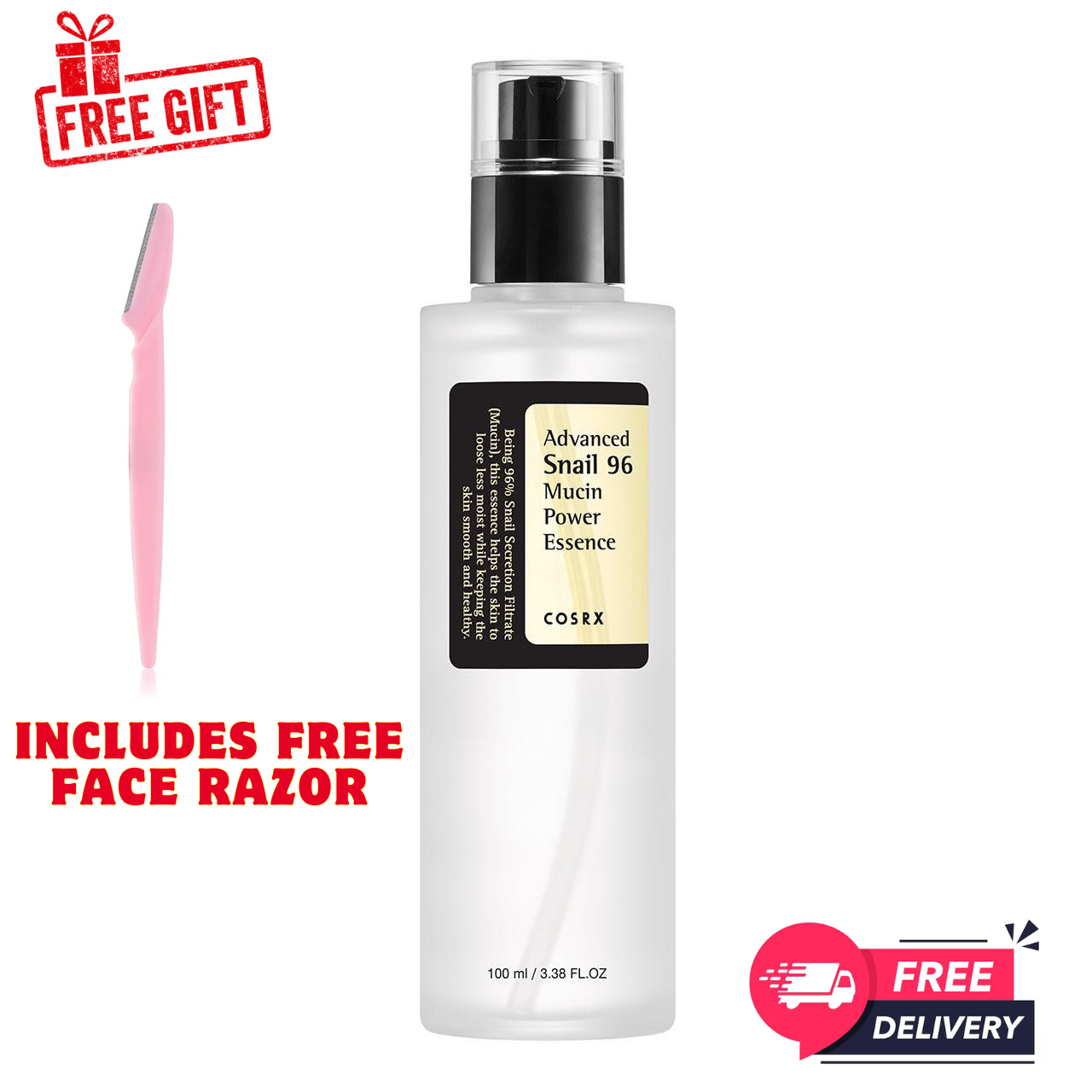 COSRX Snail Mucin Essence 100ml + Free Razor – Hydrating Korean Skincare